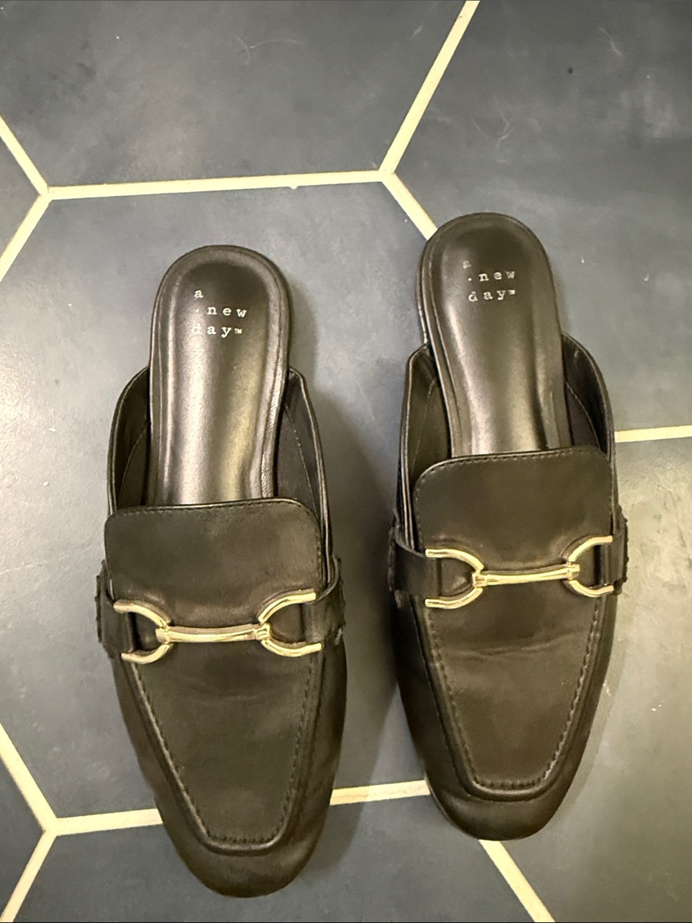 a new day Black Slip-On Leather Loafers with Gold Bit